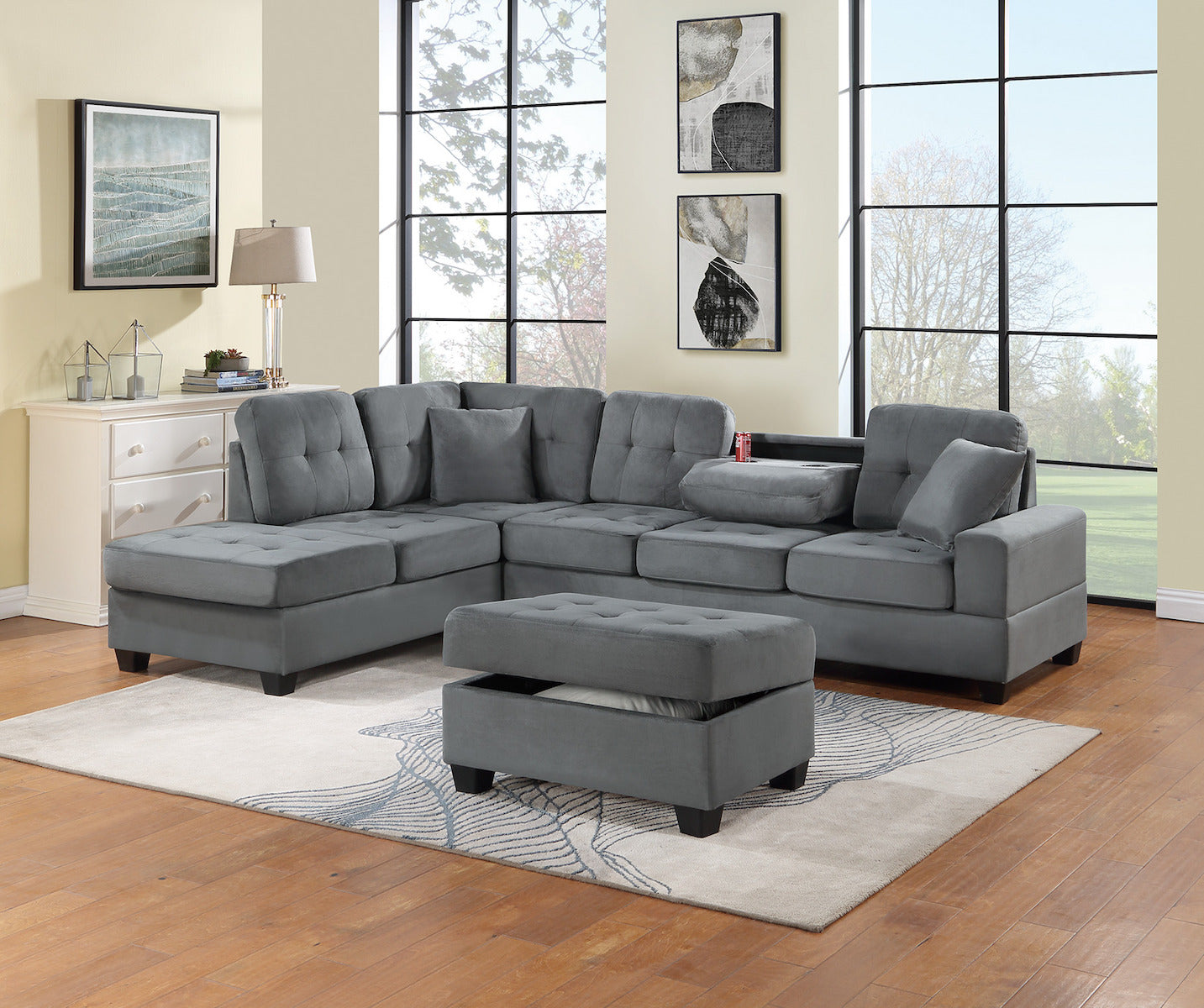 3-PC Reversible Sectional Sofa Set W/ Storage Ottoman