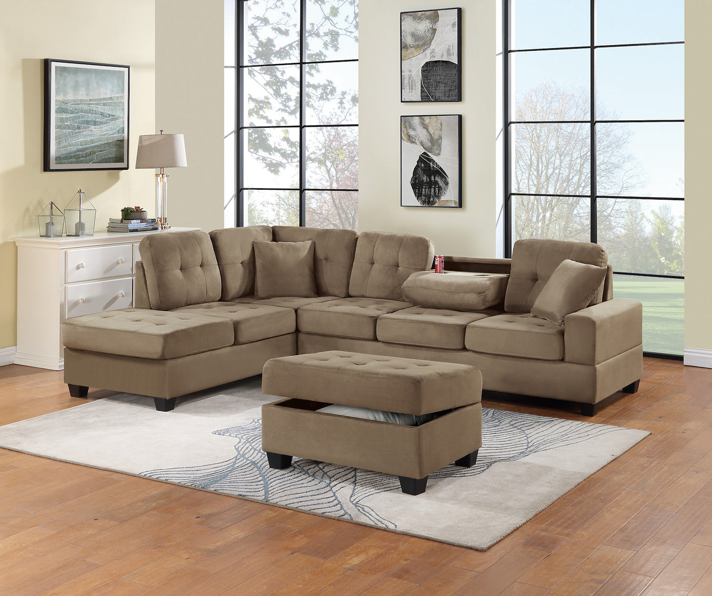 3-PC Reversible Sectional Sofa Set W/ Storage Ottoman