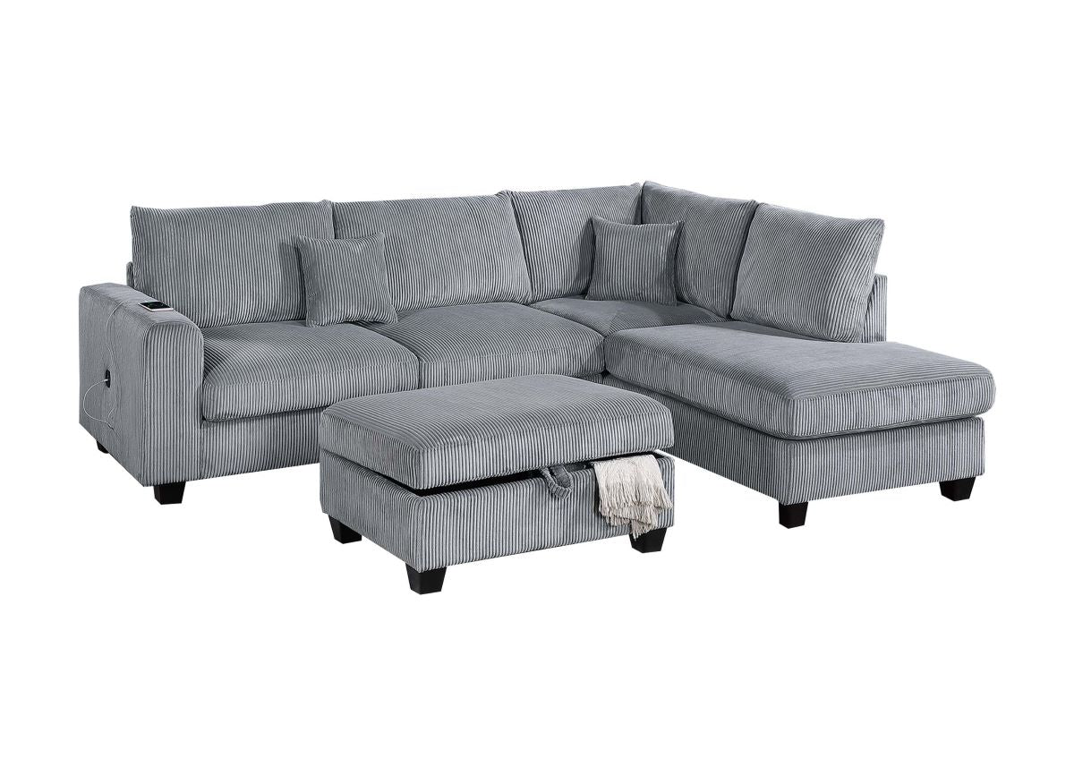 3-PC Corduroy Sectional Sofa with Storage Ottoman
