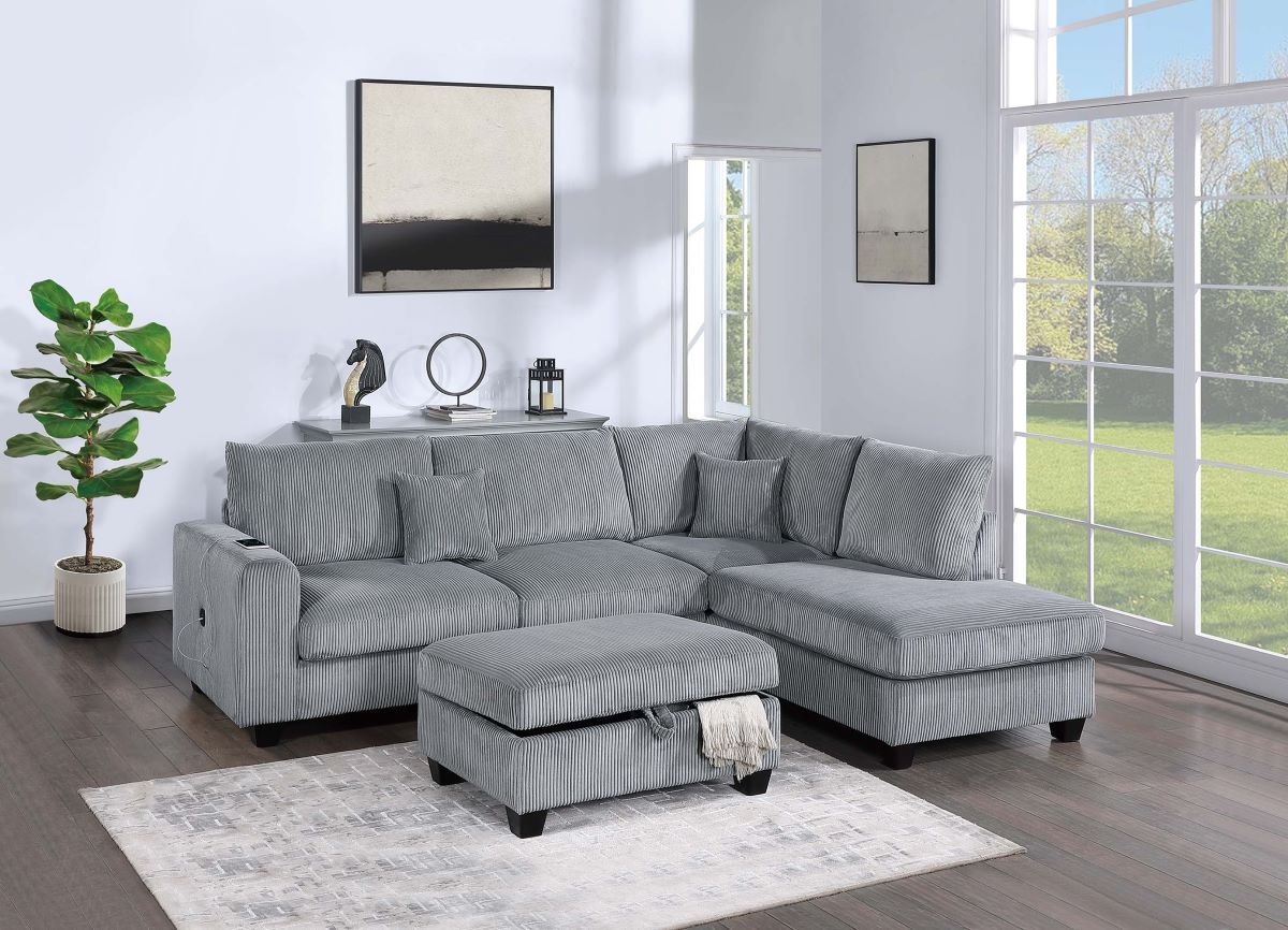 3-PC Corduroy Sectional Sofa with Storage Ottoman