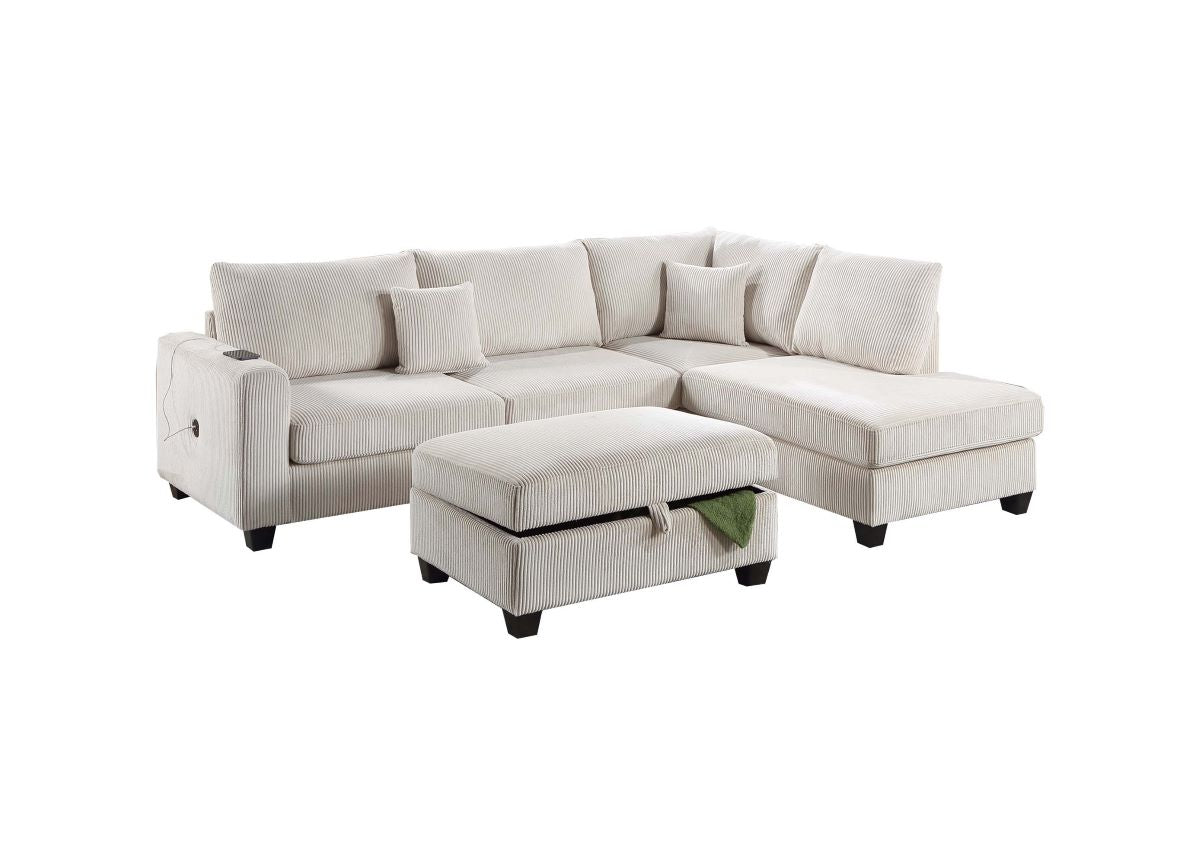 3-PC Corduroy Sectional Sofa with Storage Ottoman