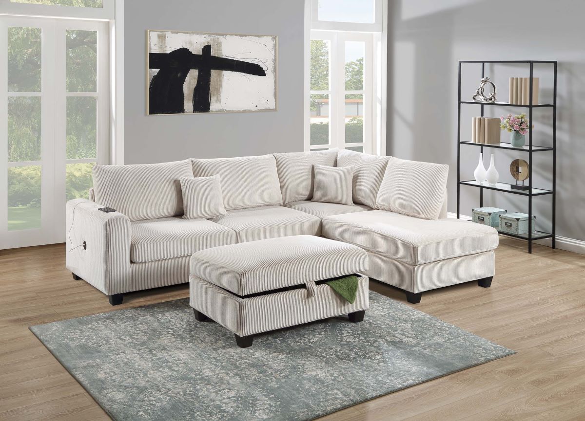 3-PC Corduroy Sectional Sofa with Storage Ottoman