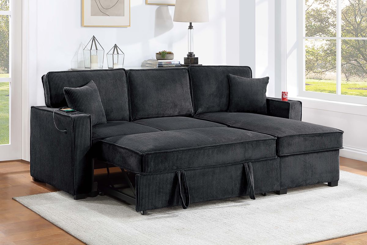 2PC Corduroy Sectional with Pull-Out Bed Storage Chaise Set