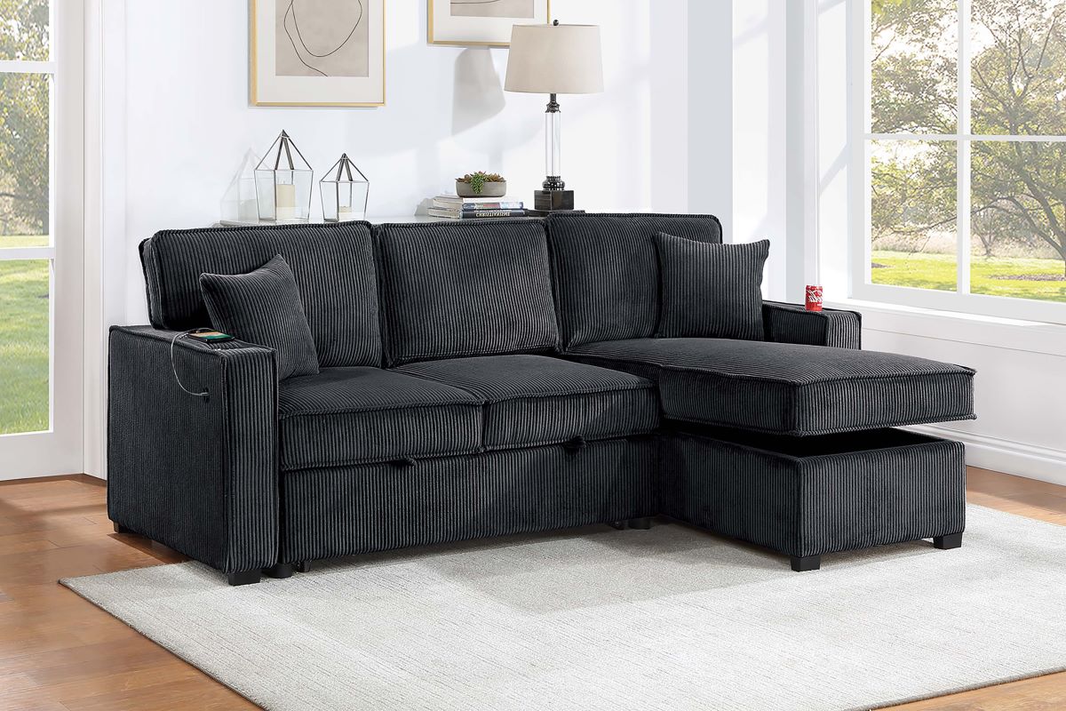 2PC Corduroy Sectional with Pull-Out Bed Storage Chaise Set