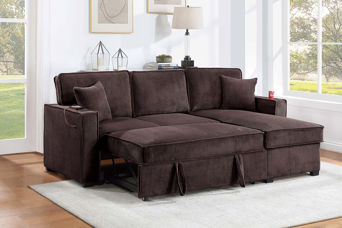 2PC Corduroy Sectional with Pull-Out Bed Storage Chaise Set