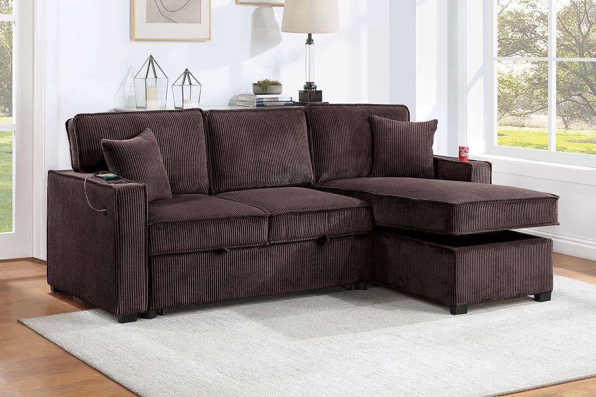 2PC Corduroy Sectional with Pull-Out Bed Storage Chaise Set
