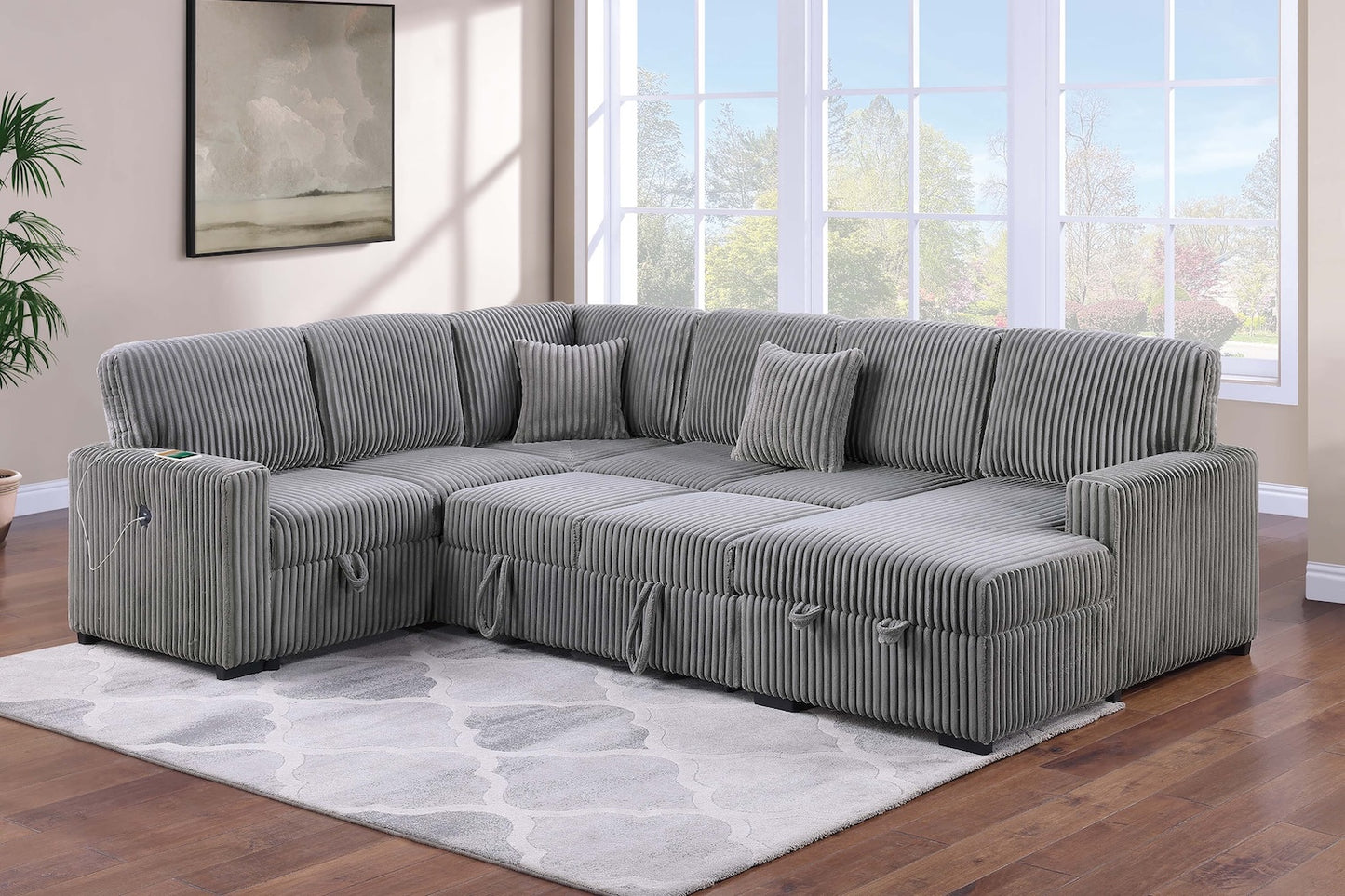 U Shape Sectional Sofa with Pull-Out Sleeper Bed and Storage Chaise