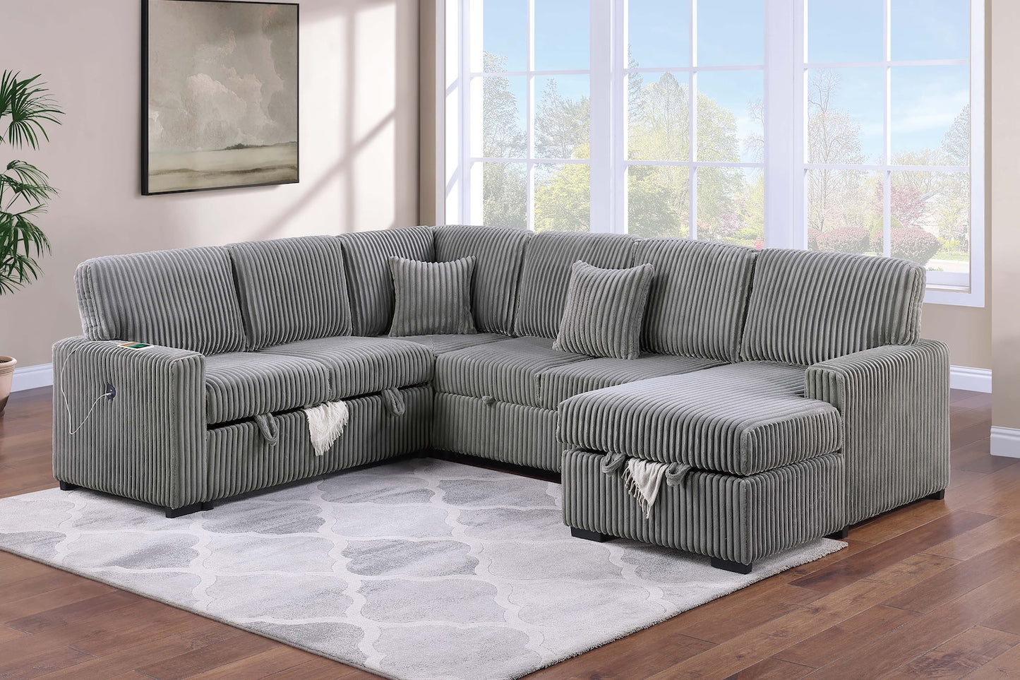 U Shape Sectional Sofa with Pull-Out Sleeper Bed and Storage Chaise