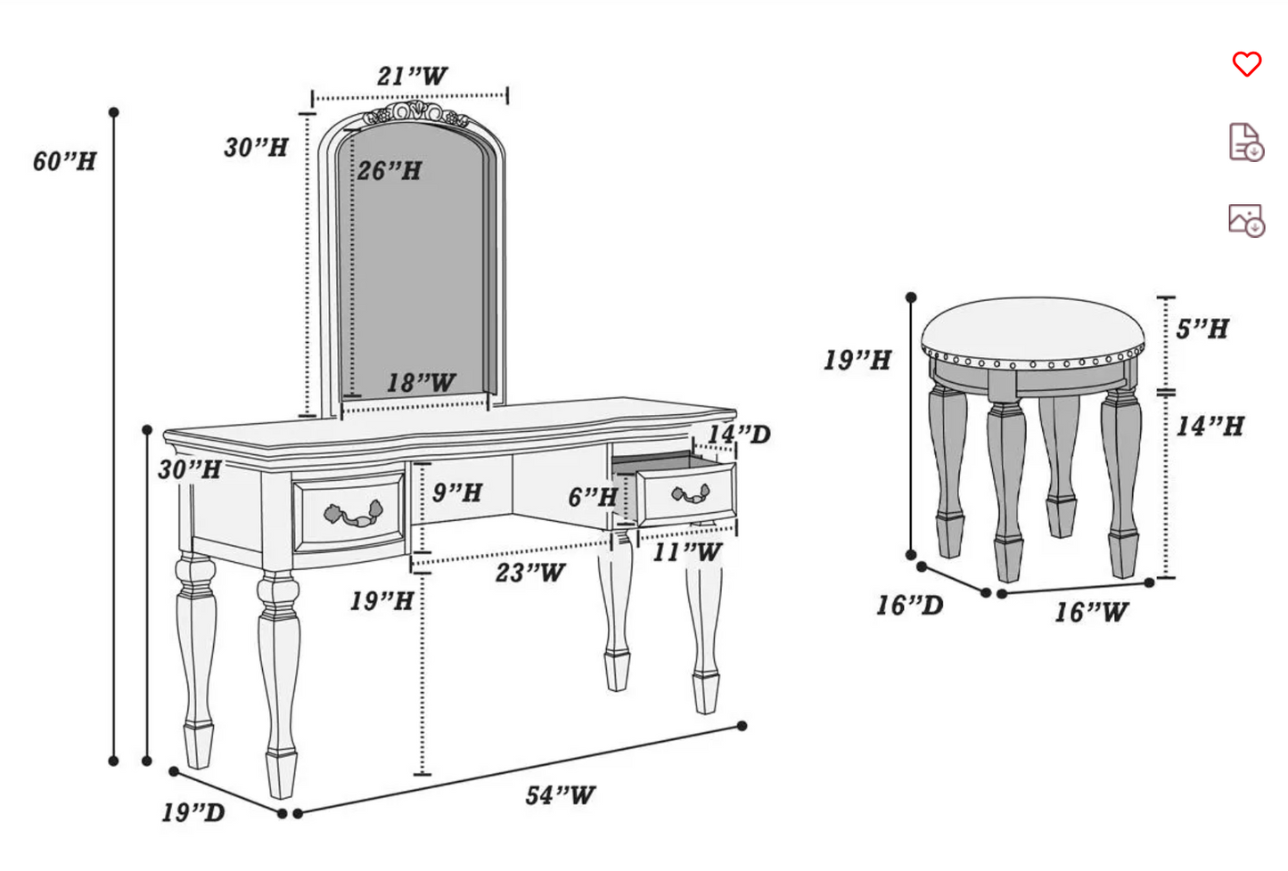 3-Piece Vanity Table Mirror Stool Set