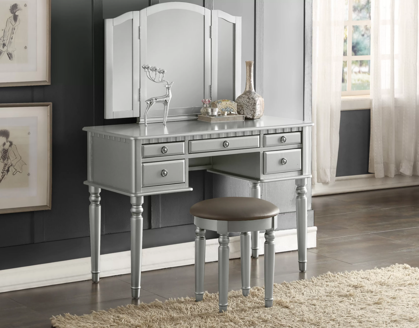 3-Piece Vanity Table Mirror Stool Set