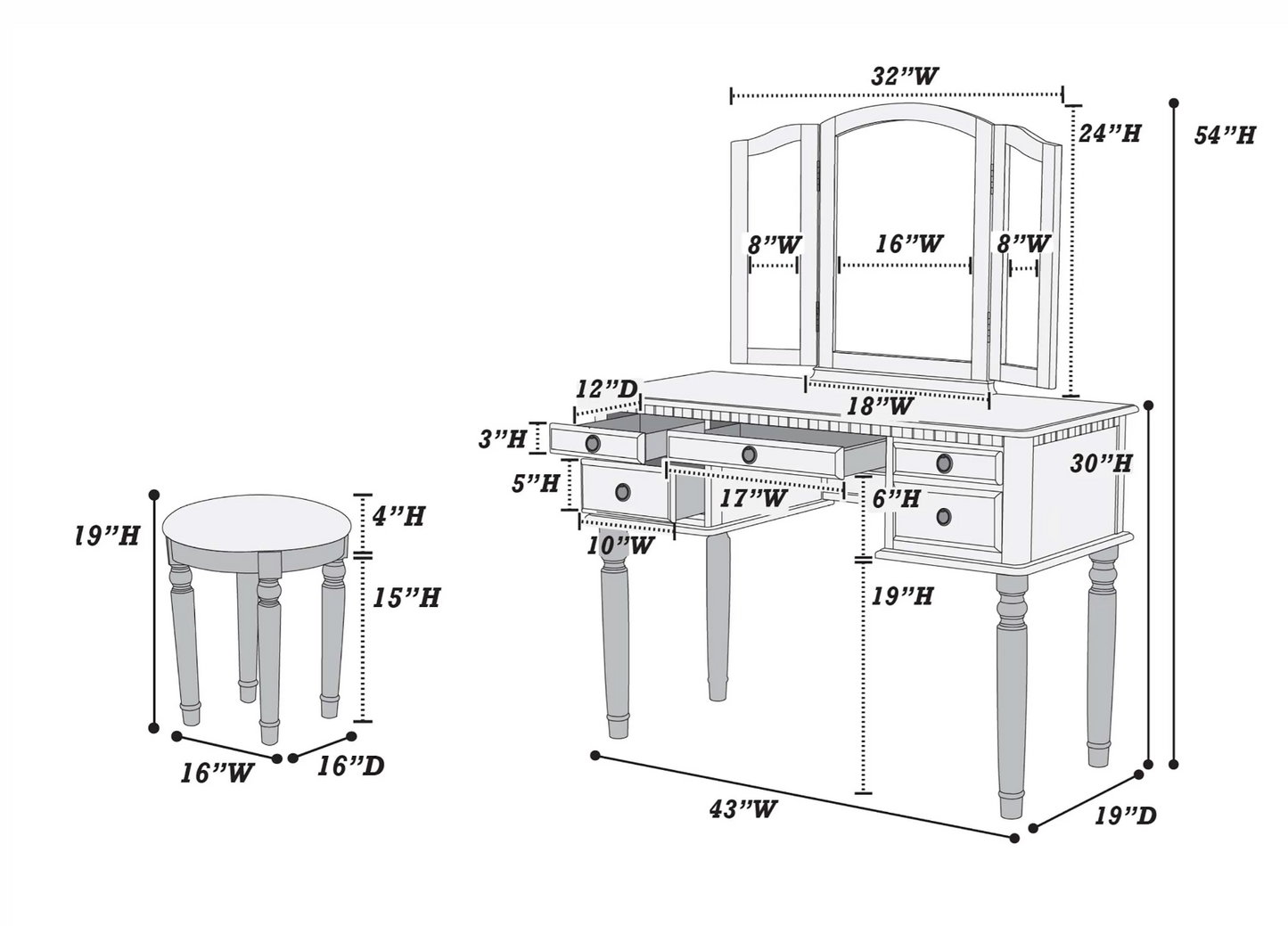 3-Piece Vanity Table Mirror Stool Set