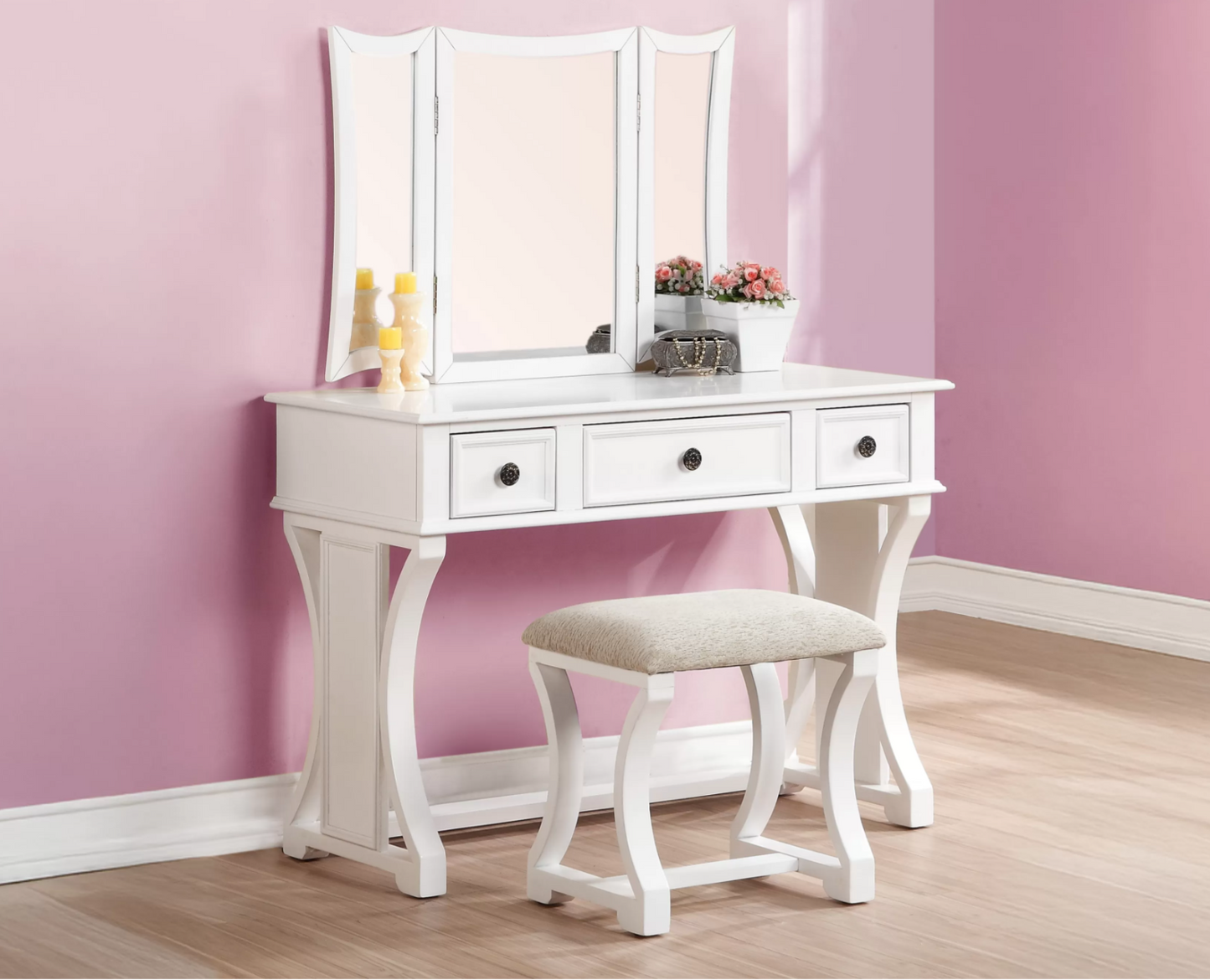 3-Piece Vanity Table Mirror Stool Set