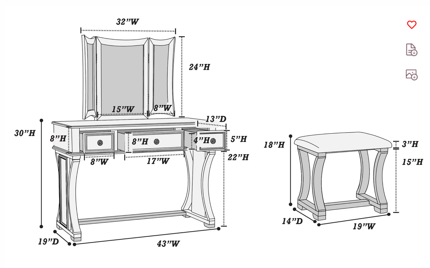 3-Piece Vanity Table Mirror Stool Set