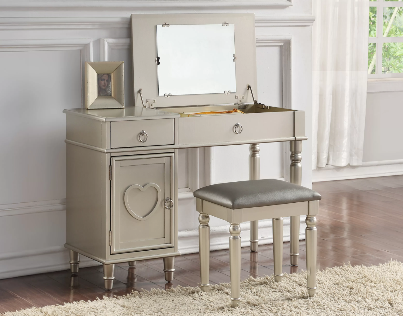2-Piece Vanity table with Foldable Mirror and Stool Set
