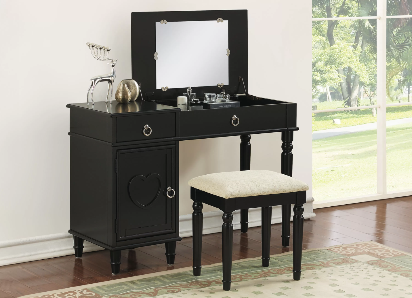 2-Piece Vanity table with Foldable Mirror and Stool Set