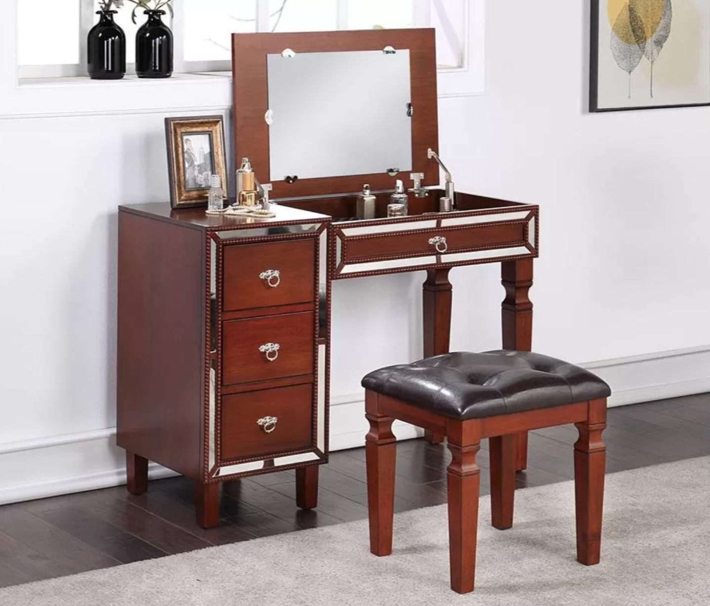 2-Piece Vanity Table with Foldable Mirror Stool Set