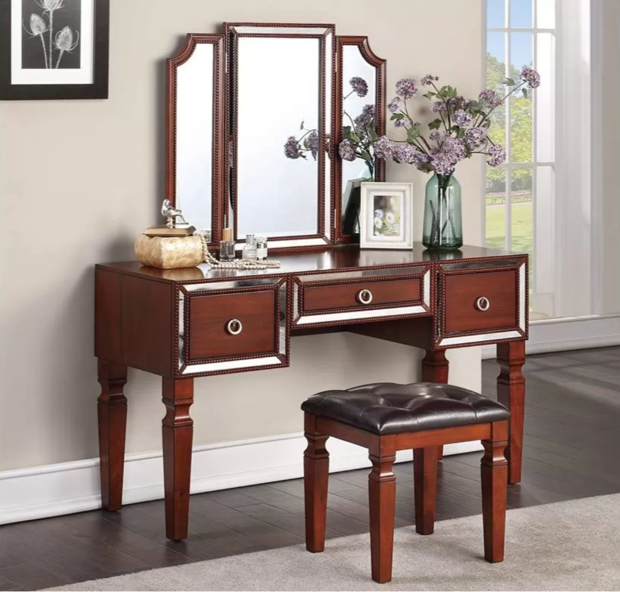 3-Piece Vanity Table Mirror Stool Set