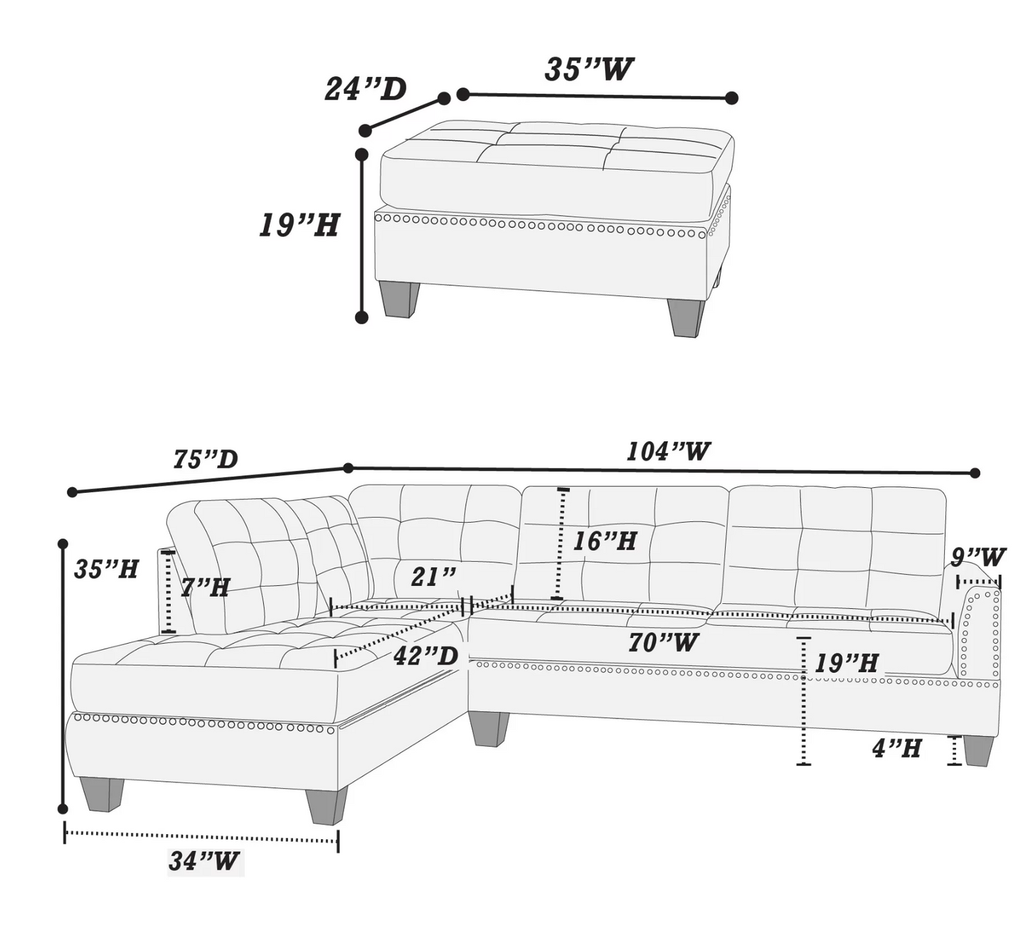 3-PC Reversible Sectional Sofa Set W/ Ottoman