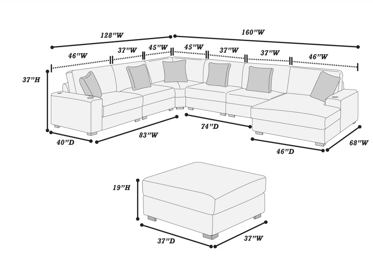 6 Piece Set Black Corduroy Modular Sectional Sofa Belle